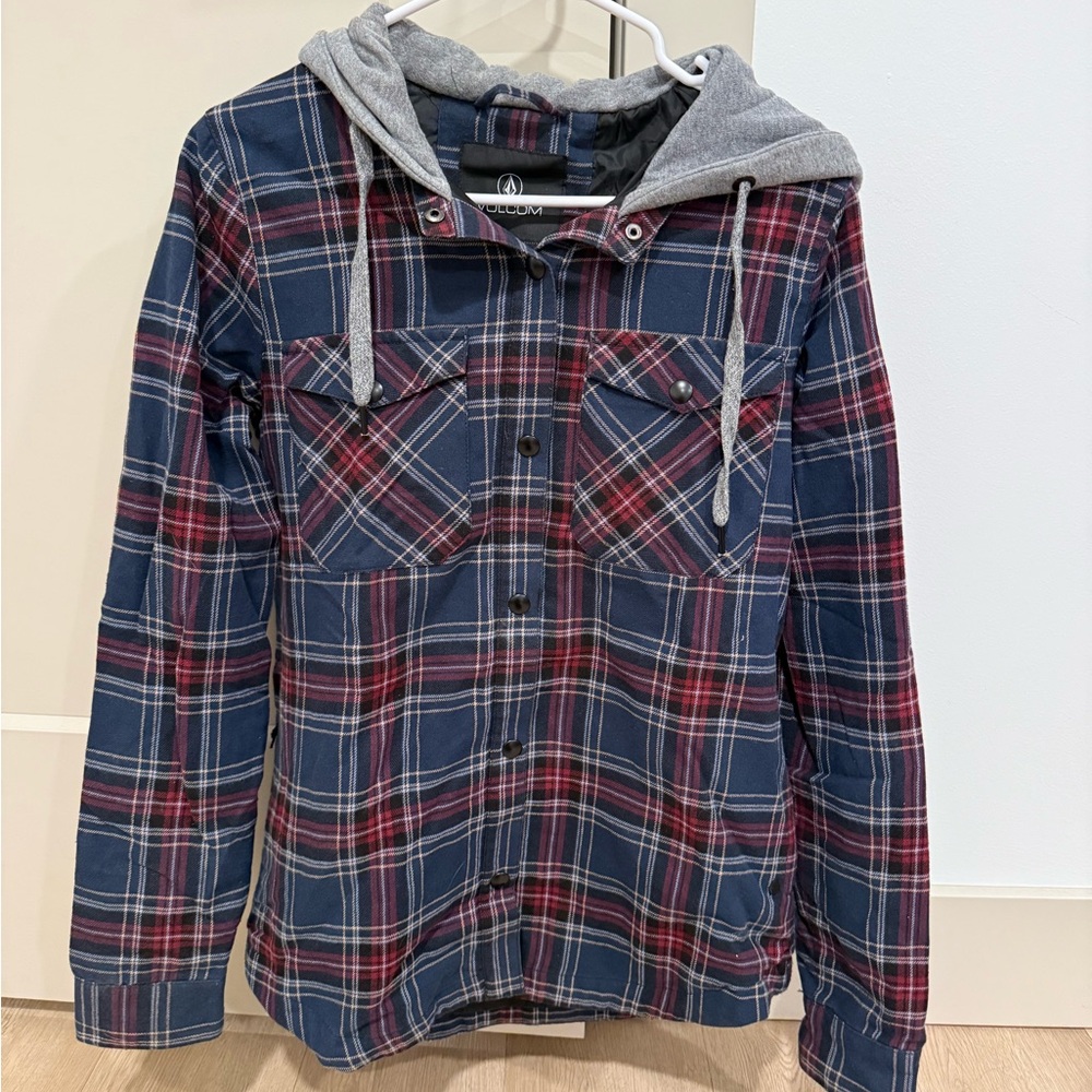 Volcom Blue and Red Plaid Hooded Shirt